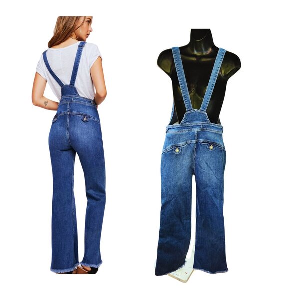 Free People Medium Wash Blue Alvin Flared Bib Overalls Women's Size 27 - Picture 4 of 12